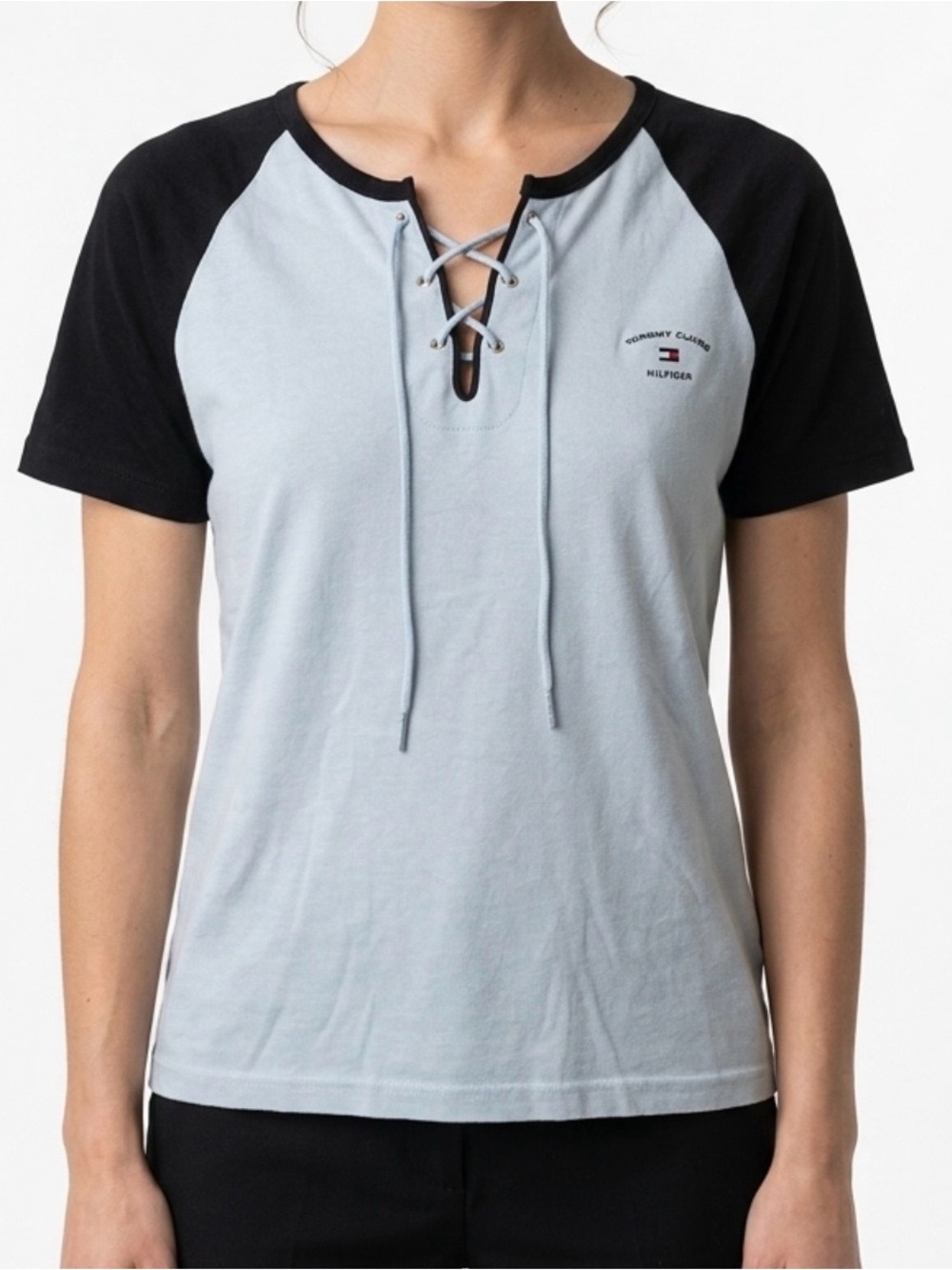 TOMMY HILFIGER Light Blue Lace-Up Raglan Tee w/ Navy Blue Short Sleeves. SZ L
